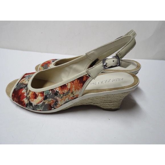 Aerosoles Size 7.5 Wide Wedge Heel Slingback Sandal Heels Beige Dozen Roses - Picture 3 of 11